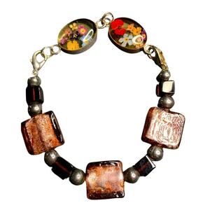 925 Sterling Silver Pressed Flower Lampwork Beaded Bracelet